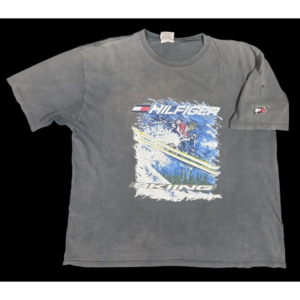 Vtg Tommy Hilfiger Skiing T-Shirt USA Streetwear Grunge Indie Sleaze Gray 2XL